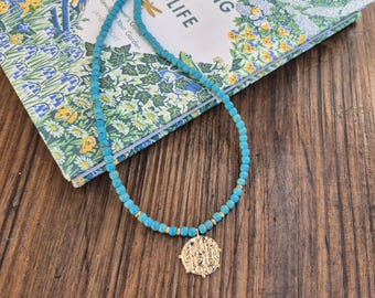 Turquoise Coin Pendant Necklace Beaded 18k Gold Plated - BOHOSEASON
