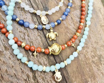 Gemstone Necklace Summer 18k Gold Plated Pendants Choose Fish Shell Turtle - BOHOSEASON
