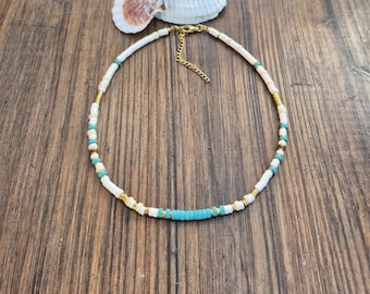 White Turquoise Heishi Necklace 18k Gold Plated Boho Jewellery - BOHOSEASON