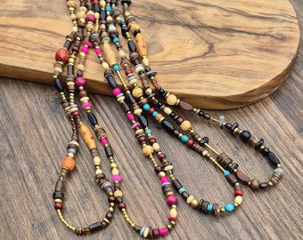 Boho Wooden Brass Beads Long Necklace 150cm Various Colours Choose Pink Turquoise Black Red - BOHOSEASON