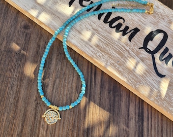 Turquoise Gold Pendant Necklace Beaded 18k Gold Plated - BOHOSEASON