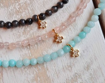 Gemstone Necklace 18k Gold Plated Pave Pendant choose Aqua Jade Labradorite Rose Quartz Turquoise White Agate 16" - BOHOSEASON