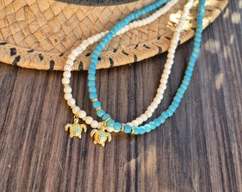 Gold Turtle Necklace Beaded Turquoise or White 18k Gold Plated - BOHOSEASON