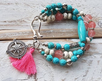 3 Row Bracelet 10mm-32mm Turquoise Howlite Watermelon Quartz Beads Tassels Compass Charm - BOHOSEASON