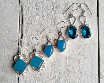 Earrings Blue Topaz Chalcedony Gemstones Drops Pierced 925 Silver Plated Choose - BOHOSEASON