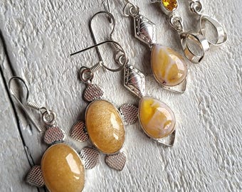 Gemstone Earrings Peach Calcite Yellow Agate Topaz Drops Pierced 925 Silver Plated Choose - BOHOSEASON