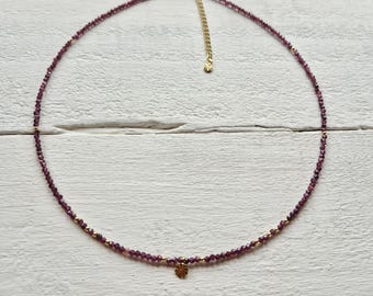 Garnet Beaded Necklace 18k Gold Plated Delicate 2mm Beads -  BOHOSEASON