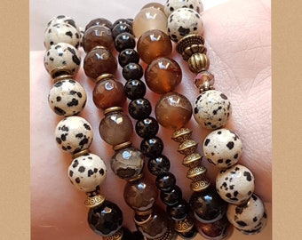 5 x Boho Gemstone Beaded Bracelets 6-10mm, Dalmatian Jasper Black Brown Agate Crystal and Silver Spacers and Chain Detail - BOHOSEASON