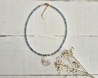 Shell Pendant Necklace Aqua Malaysian Jade Faceted Beads - BOHOSEASON