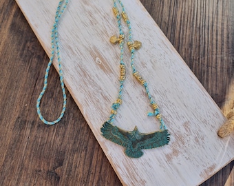 Eagle Pendant Lt Blue Cord Necklace Brass Beads Buddhist Charms - BOHOSEASON
