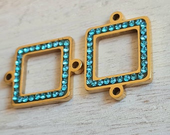 Golden Blue Zircon Square Connectors 2 Holes Pave Pendant Jewellery Findings - Bohoseason