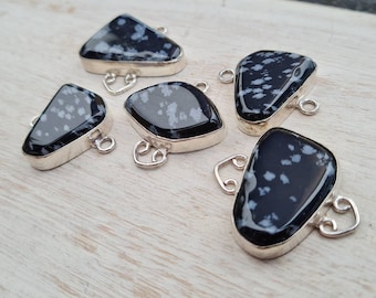 Snowflake Obsidian Gemstone Connectors Black Grey Pendant Jewellery Findings 925 Silver Plated Choose - Bohoseason