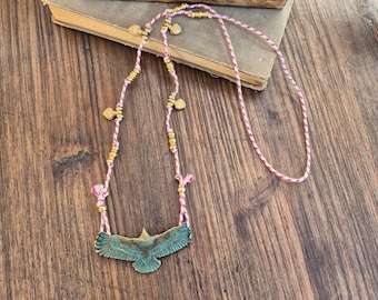 Eagle Pendant Pink Cord Necklace Brass Beads Buddhist Charms - BOHOSEASON
