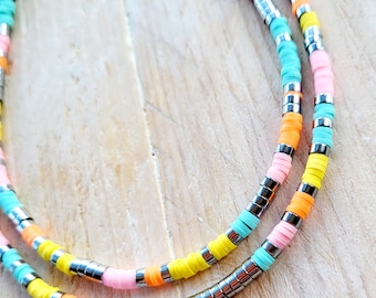 Turquoise Pink Orange Yellow Silver 16" Heishi Necklace Beach Boho - BOHOSEASON