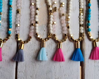 Gemstone and Brass Beaded Tassel Necklace choose Rose Quartz  Turquoise Howlite - BOHOSEASON