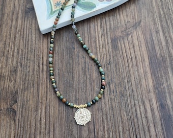 Indian Agate Necklace 4mm 18k Gold Plated Coin Pendant and Beads - BOHOSEASON