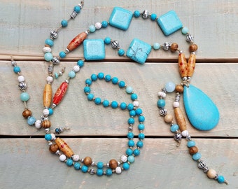 BOHO Necklace Turquoise, Aquamarine, Howlite Gemstones and Wooden Beads Pendant by - BOHOSEASON