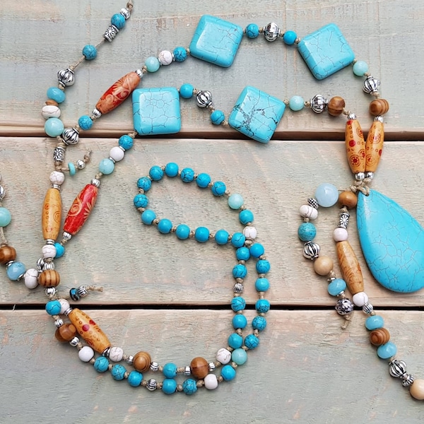 BOHO Collier Turquoise, Aigue-marine, Howlite Pierres précieuses et Perles en bois Pendentif par - BOHOSEASON