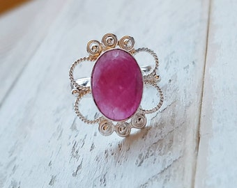 Raspberry Pink Jade Gemstone Ring Faceted Oval Design Size 5.75 US/UK L - BOHOSEASON