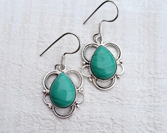 Green Chalcedony Gemstone Earrings Teardrop Stone Drops Pierced 925 Silver Plated - BOHOSEASON