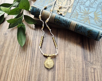 Locket Pendant White Cord Necklace Brass Beads 70cm - BOHOSEASON