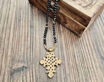 Black and Brass Beaded Necklace with Coptic Cross Boho Jewellery - BOHOSEASON