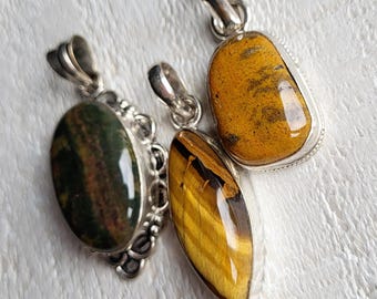 Gemstone Pendants Tigers Eye Zebra Jasper Browns Oval Leaf 925 Silver Plated Choose- BOHOSEASON
