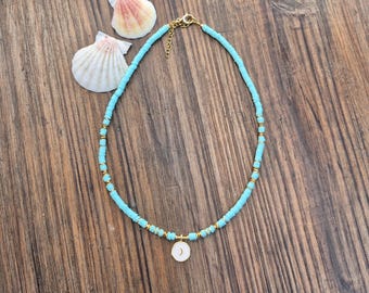 Turquoise Heishi Moon Pendant Necklace Reversible 18k Gold Plated Boho Jewellery - BOHOSEASON
