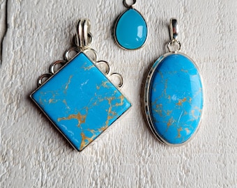 Gemstone Pendants Turquoise Blue Chalcedony Magnesite Teardrop Rectangular Oval choose- BOHOSEASON