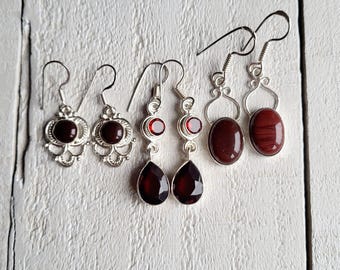 Earrings Red Onyx Garnet Agate  Gemstones Drops Pierced 925 Silver Plated Choose - BOHOSEASON