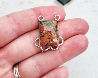 Unakite Gemstone Pendant 925 Silver Plated Rectangular Green Orange - BOHOSEASON