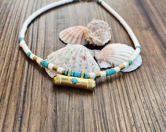 Turquoise White Heishi Necklace 18k Gold Plated Pendant Boho Jewellery - BOHOSEASON