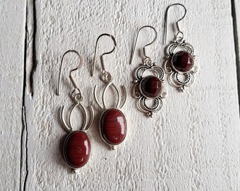 Gemstone Earrings Chocolate Onyx Round Oval Shaped Drops Pierced 925 Silver Plated - BOHOSEASON