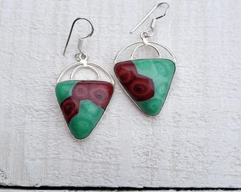 Earrings Green Brown Glass Triangular Drops Pierced - BOHOSEASON