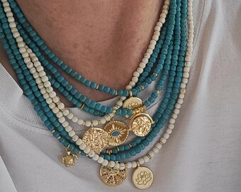 Turquoise or White Beaded Necklace 18k Gold Plated Pendant Turtle Coin Lotus Beads - BOHOSEASON