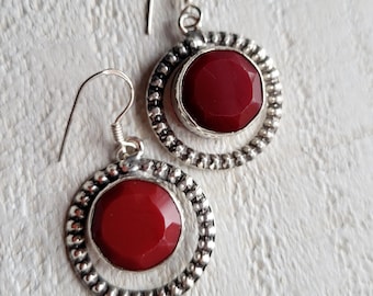 Red Onyx Gemstone Earrings Round 925 Silver Plated Drops Pierced - BOHOSEASON