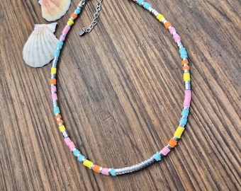 Heishi Bead Necklace Pink Yellow  Orange Turquoise Steel Beach Boho - BOHOSEASON