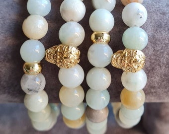 Set x 2 Mens Stretch Bracelets Amazonite Gemstone Beads 24k Gold Plated Skull  - BOHOSEASON