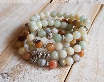 Set of 4 Gemstone Bracelets 8mm Boho Beads Amazonite and Silver Spacers - BOHOSEASON