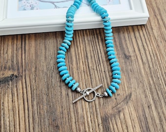 Turquoise Magnesite Gemstone Necklace Stainless Steel Beads Tbar Boho Jewellery - Bohoseason