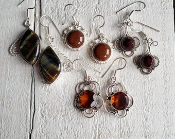 Earrings Tigers Eye Topaz Obsidian Agate Gemstone Drops Pierced 925 Silver Plated Choose - BOHOSEASON