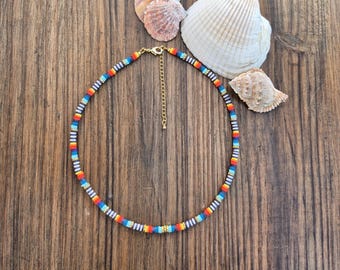 Multi Rainbow Stripes Heishi Necklace 18k Gold Plated Boho Jewellery - BOHOSEASON