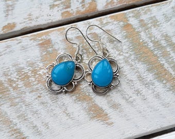 Blue Chalcedony Gemstone Earrings Teardrop Shaped Drops Pierced - BOHOSEASON