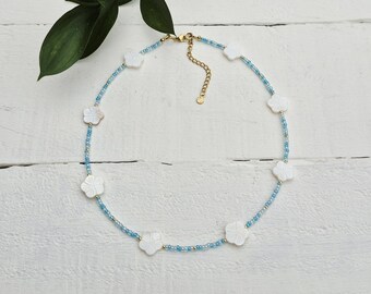Flower Shell Necklace Blue Beaded 18k Gold Plated Mother of Pearl - BOHOSEASON