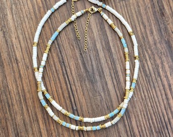 White Lt Blue Beige Gold Heishi Beaded Necklace 18k Gold Plated Boho Jewellery - BOHOSEASON