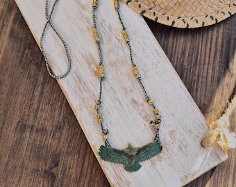 Eagle Pendant Cord Necklace Brass Beads Navy Blue - BOHOSEASON