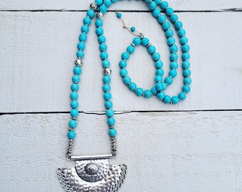 Turquoise Beaded Boho Necklace Large Silver Pendant - BOHOSEASON