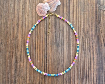 Heishi Necklace Multi Stripes 18k Gold Plated Blue Green Pink Yellow Boho Jewellery - BOHOSEASON