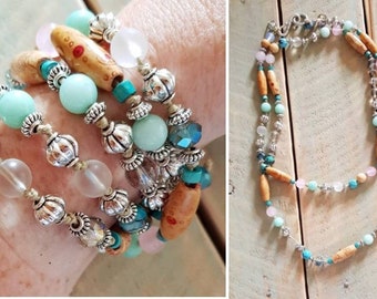 3 Way Necklace/Bracelet 8mm Turquoise, Aquamarine, Faceted Glass, Crystal, Wooden Beads, Tibetan Silver Mala by - BOHOSEASON