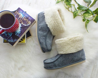 Natural Grey Sheepskin Wool Slippers, Warm Felt Home Shoes
